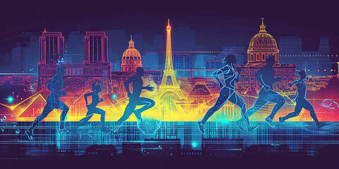 light bright saturated nona modern abstract illusstration with free space for text Step into the future at Paris 2024! A vibrant fusion unfolds: Parisian landmarks entwine with athletes in dynamic pos - obrazy, fototapety, plakaty