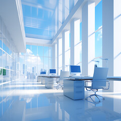 modern office with blue glass wall and white floor.