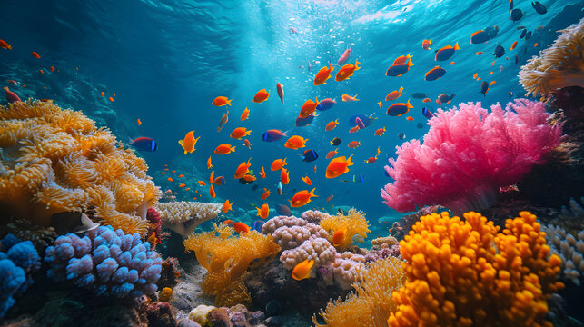 Photo of a coral colony, Amphiprion ocellaris clownfish in marine aquarium. Orange corals in the background. Colorful pattern, texture, wallpaper, panoramic underwater view. Concept art, Generative Ai