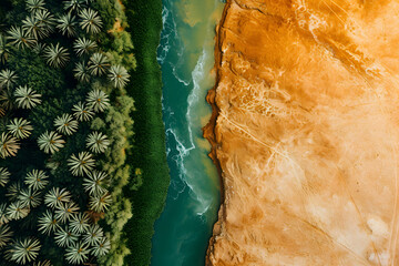 Oasis and desert top view, contrast of geographic. 