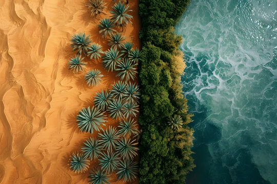 Oasis and desert top view, contrast of geographic. 
