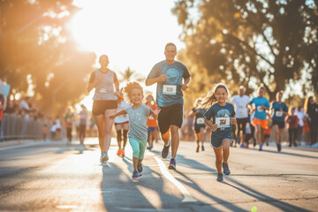 A family on a running marathon - obrazy, fototapety, plakaty
