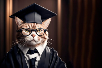 Cool cat in a graduate cap and gown on a dark background. The concept of completed master's higher education. Copy space.