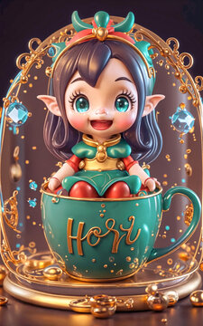 Emerald Dream, Teacup Throne: Whimsical Elf, Glimmering Gold, a Tiny Tale Unfurls in Teal.
Cozy Cup Kingdom, Merry Eyes Wink: Red and Gold, Giggles Spill, an Elf Whispers Secrets to Porcelain.