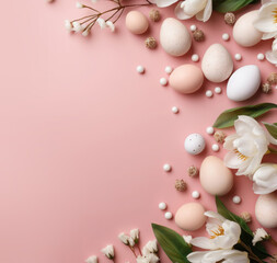 Fototapeta na wymiar Easter poster and banner template with Easter eggs and flowers on a pink background.Promotion and shopping template for Easter. Beautiful easter promotion banner.Top view, flat lay.Copy Space for text