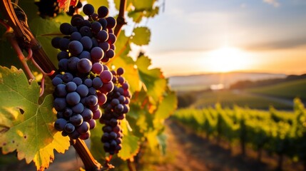 Close-up of ripe grapes, vineyards with vines in the rays of the evening sun. Industrial production at the winery, Farming farming, Agriculture concepts. Copy Space. - obrazy, fototapety, plakaty