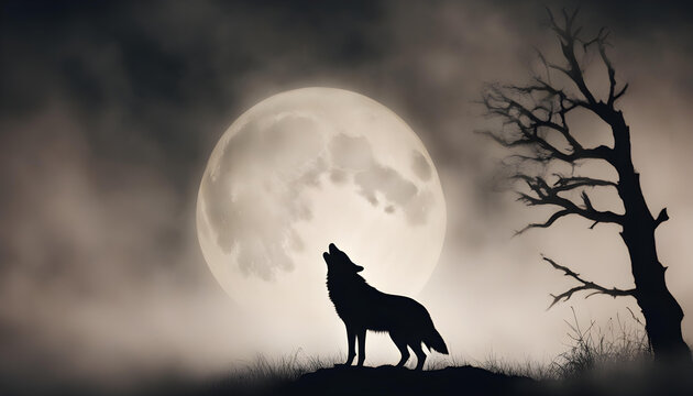wolf howling at the moonlight in the creepy night
