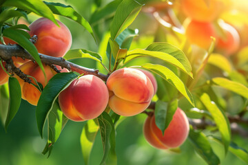 Sunlit ripe peaches on tree