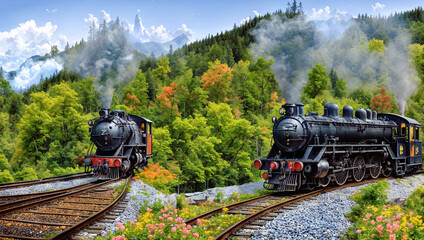 Fototapeta na wymiar A black steam engine locomotive with smoke billowing out the top, traveling on tracks through a mountainous forest.