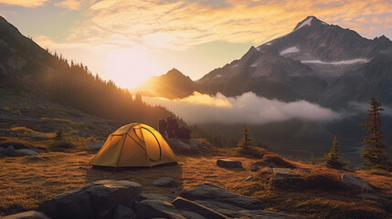 Fototapeta na wymiar A campsite against a panoramic mountain background at sunrise