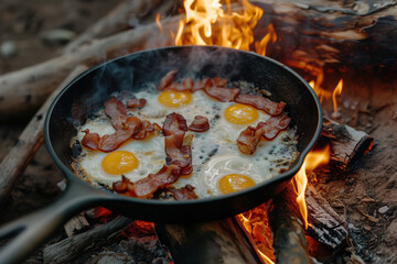 fried eggs with bacon over a campfire