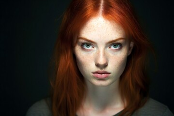 Portrait of a redhead girl with freckles on her face