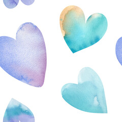 Watercolor seamless pattern of hearts on a white background. The illustration is hand-drawn. Valentine's Day, festive decor. For printing postcards and on fabric. Design of a personal brand.