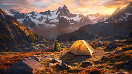 A campsite against a panoramic mountain background at sunrise