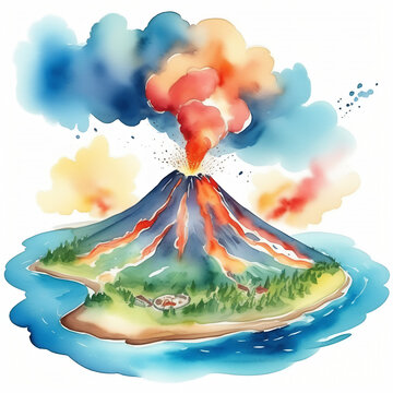 Volcano eruption on little island isometric watercolor painting. View from top on global Earth cataclysm. Lava flows, smoke and steam.