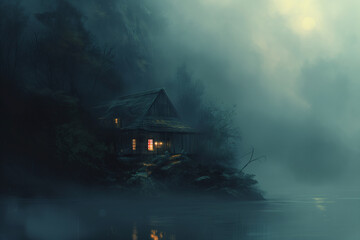 a hut by the lake in the fog