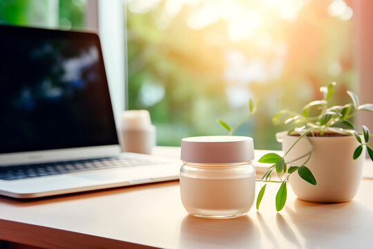 Blue Light Sunscreen protection cream near laptop. AI generated