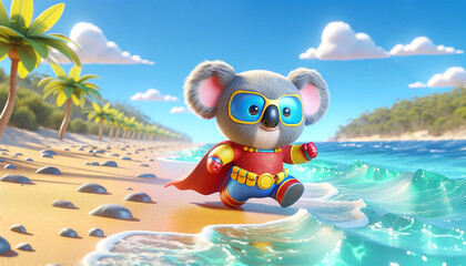 Koala Superhero at the Beach Ventures into the Water: A Sunny Coastal Rescue