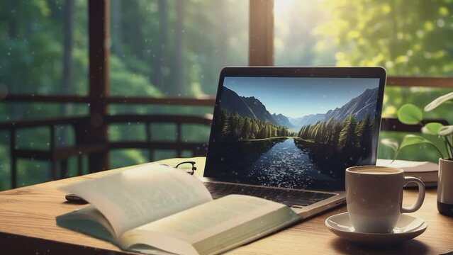 laptop and books with beautiful natural views.seamless looping time-lapse animation video background