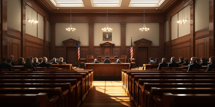 Courtroom Majesty: An Empty Chamber of Justice, Symbolizing Law and Authority in an Architectural Masterpiece