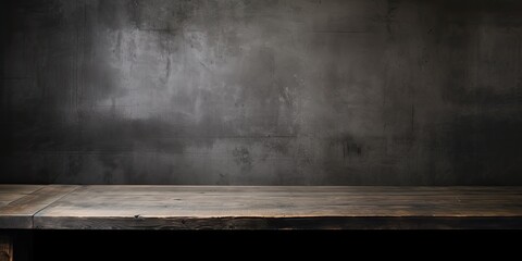 Dark room with blurred concrete block wall, old wooden table.