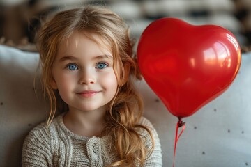Fototapeta na wymiar Cute little girl holds red heart shaped balloon for valentine's day. Valentine's day celebration concept.