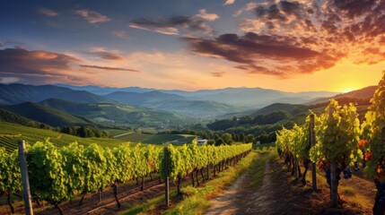 Beautiful sunset over Tuscan vineyards. Autumn Harvest, Winemaking, Agriculture, Farming concepts.