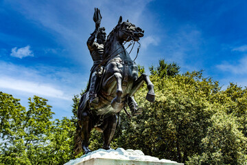 Statue and monument of Andrew Jackson on horseback in Lafayette Square in front of the White House...