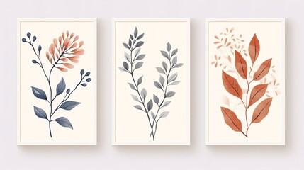 Set of botanical bakground, floral branch and leaves. Vintage foliage for wedding invitation, wall art or card template. Minimal line art drawing. Vector. Generative Ai