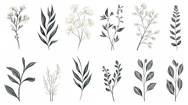 Set of botanical bakground, floral branch and leaves. Vintage foliage for wedding invitation, wall art or card template. Minimal line art drawing. Vector. Generative Ai