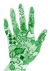 The palm of the hand filled with leaves. Different types of leaves have different textures. Lines, dots, dashes, circles, dotted lines. Doodle. Green color. Isolated on white background. Eco friendly.