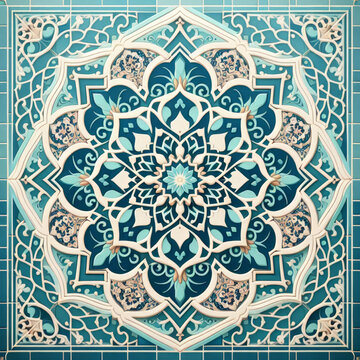 Islamic style geometric mosaic in a Moroccan style pattern, decorative zellige tiles, generative ai