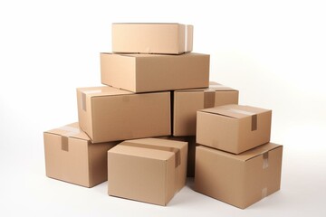 Cardboard boxes on white. Warehouse storage concept. Generative AI