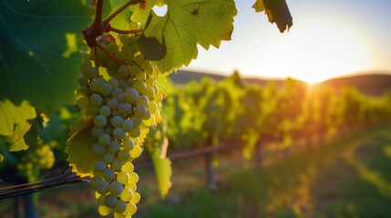 Close-up of a bunch of white grapes between grape leaves in a vineyard at sunset. Autumn harvest, Winery concept. Copy Space. - obrazy, fototapety, plakaty