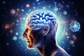Obraz premium Brain regions: hippocampus, amygdala, frontal, parietal, temporal, occipital lobes, Broca's and Wernicke's areas, corpus callosum, basal ganglia. Neurotransmitters include glutamate GABA amino acid