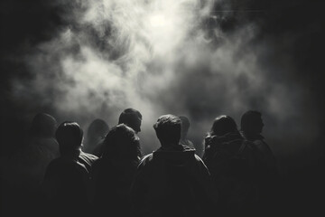 A crowd of teenagers in smoke - obrazy, fototapety, plakaty