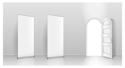 The interior of an empty room with a white banner and an open door.
Free space for copying, 3d vector image.
