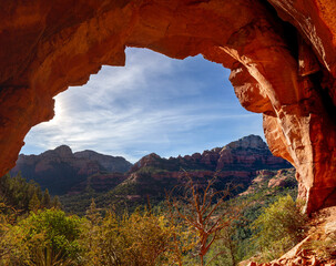 Soldier Arch Cave Energy Vortex, Natural Eroded Rock Formation Scenic View.  Hiking Sedona Red Rock State Park Desert Landscape Arizona Southwest USA