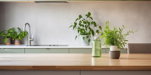 Cozy modern kitchen with green plant on table.