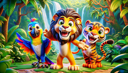 A Warm Welcome in the Jungle: Lion, Parrot, and Tiger Greet the Viewer