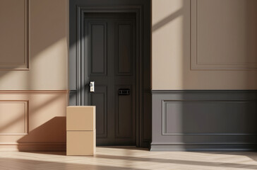 Fototapeta premium Door delivery, courier or package on front doorstep for ecommerce business, shopping or shipment company. Empty, home and entrance with parcel for secure service, cardboard box, and residence