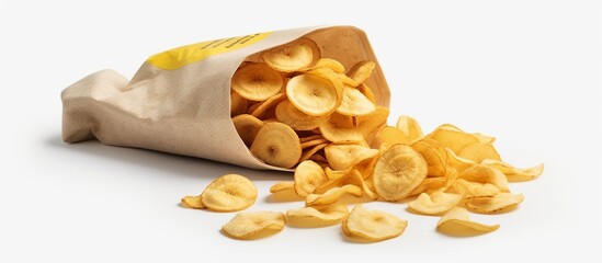 Banana chips. Fruit yellow food. Packaging of snacks. Bundles of chip fly. Delicacy for vegetarians - obrazy, fototapety, plakaty