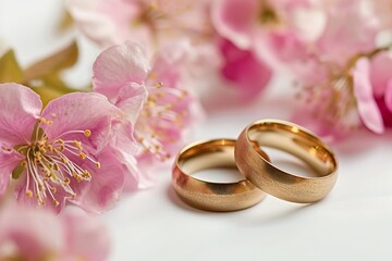 Two golden wedding rings nestled among pink flowers on a pristine white background, capturing the essence of everlasting love and matrimonial beauty generative ai