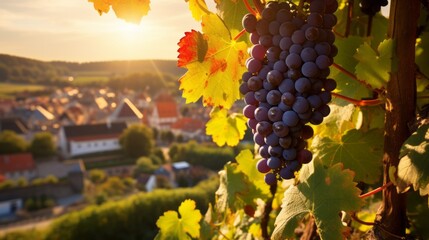 Close-up of ripe grapes, vineyards of the evening sun against the background of the countryside....