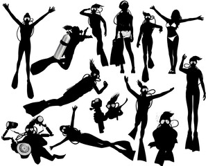 Variety silhouettes of female scuba diver