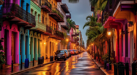 colorful havana street in at sunrise - obrazy, fototapety, plakaty