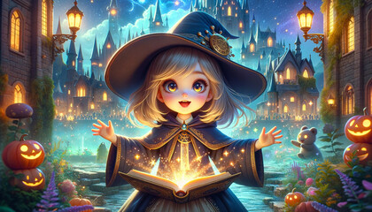 Obraz na płótnie Canvas Young Witch with a Floating Open Spellbook and an Enchanting Castle in the Background