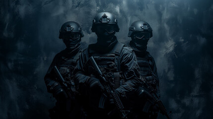 Silhouette of three soldiers against a dark background.