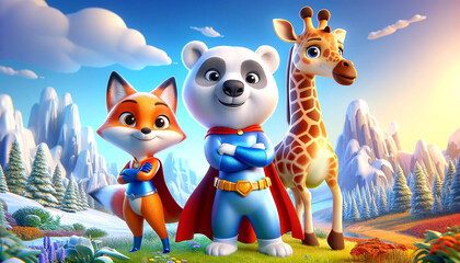 Obraz na płótnie Canvas Fox, Polar Bear, and Giraffe Superheroes United: An Epic Natural Adventure