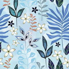 Seamless floral tropical pattern. White flowers, blue, brown leaves on a light background. - 718682522